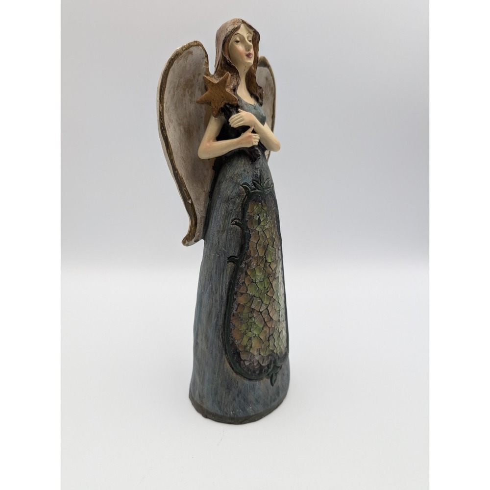 Christmas Holiday Angel Holding Star Blue Resin Mosaic Stained Glass Home Decor - Picture 2 of 16